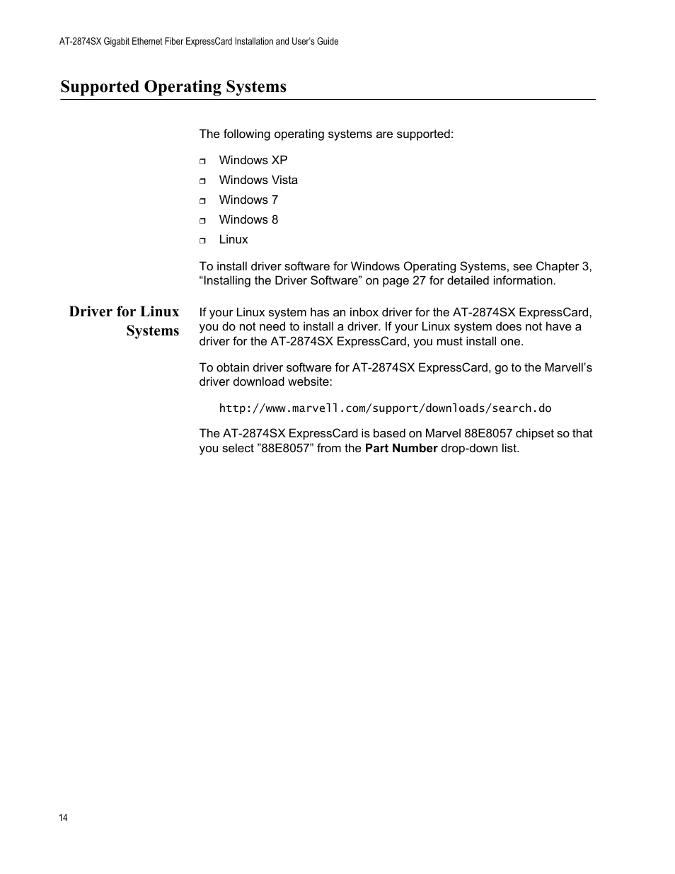 Supported operating systems, Driver for linux systems | Allied Telesis AT-2874SX User Manual | Page 14 / 84