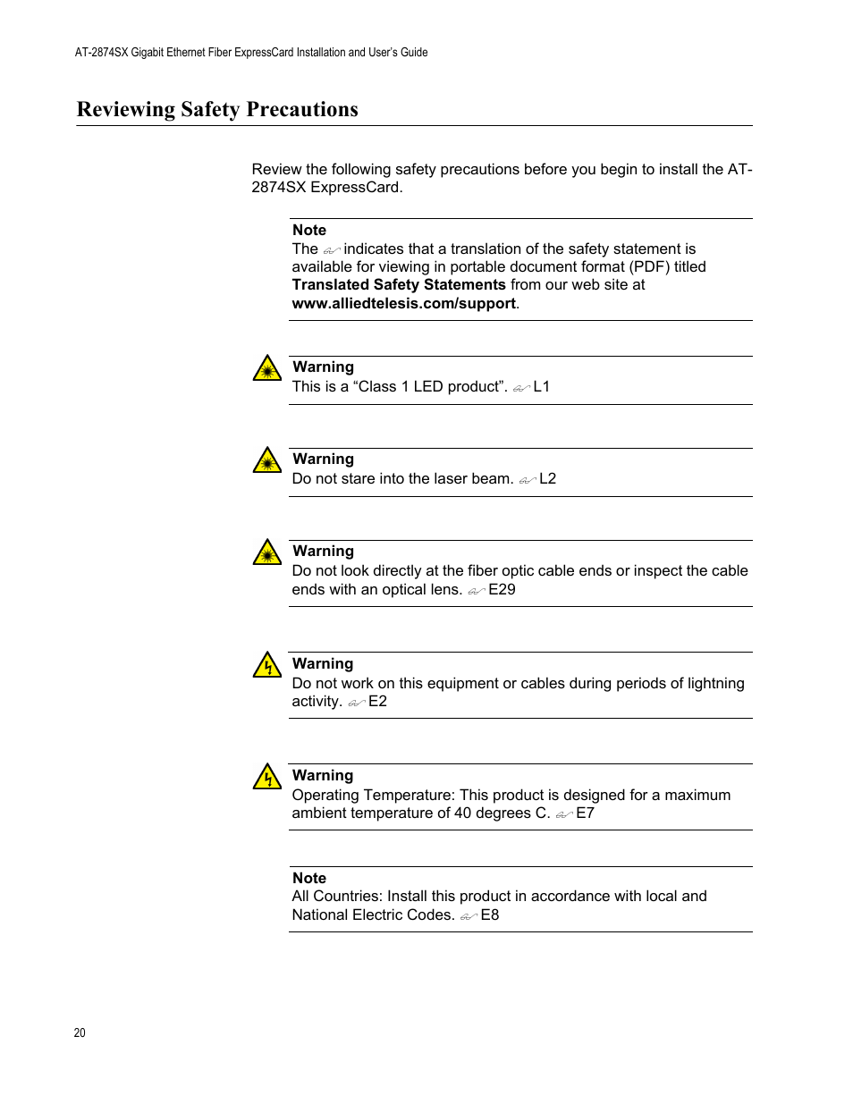 Reviewing safety precautions | Allied Telesis AT-2874SX User Manual | Page 20 / 84