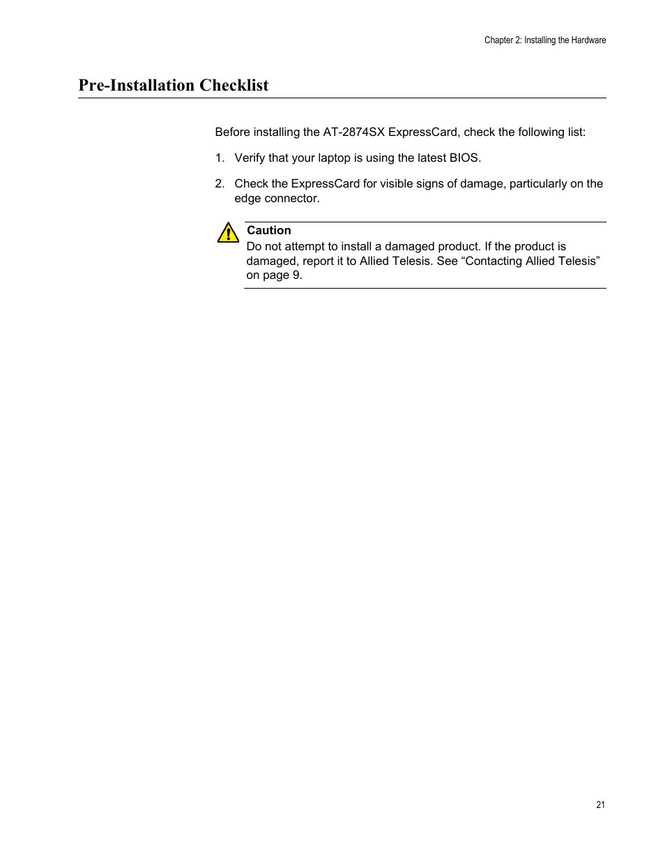 Pre-installation checklist | Allied Telesis AT-2874SX User Manual | Page 21 / 84