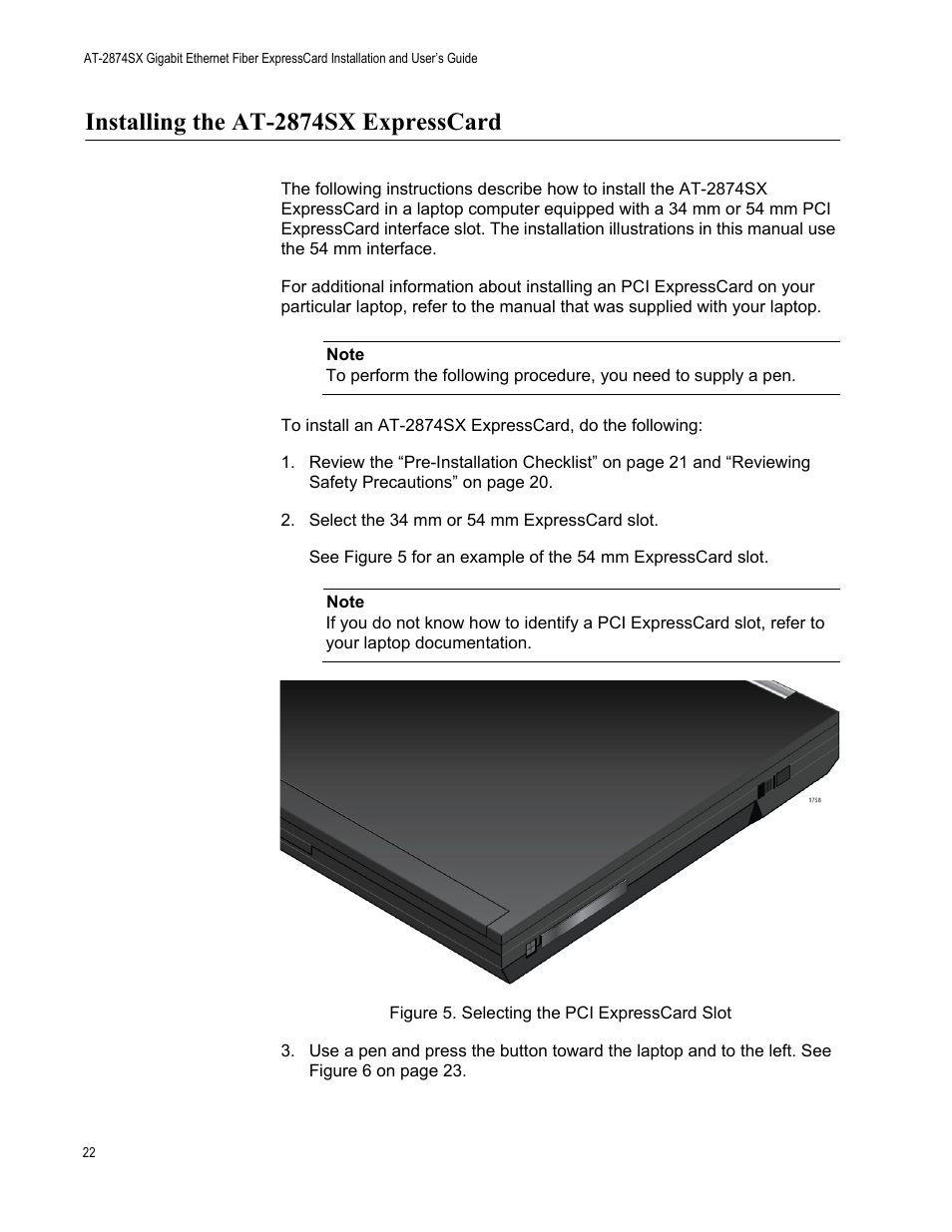 Installing the at-2874sx expresscard | Allied Telesis AT-2874SX User Manual | Page 22 / 84