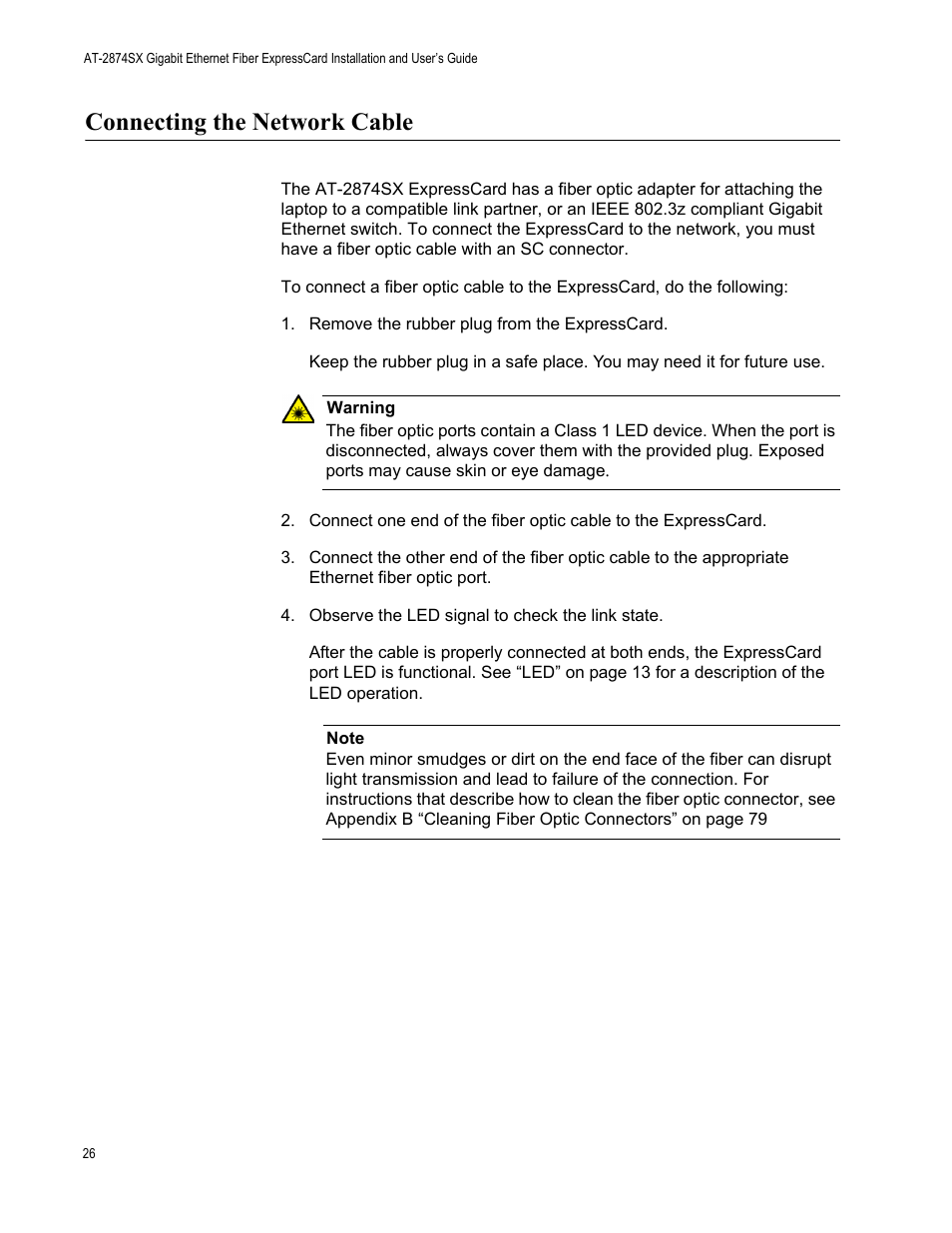 Connecting the network cable | Allied Telesis AT-2874SX User Manual | Page 26 / 84