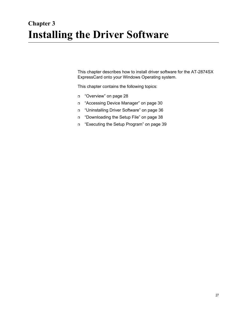 Chapter 3, Installing the driver software | Allied Telesis AT-2874SX User Manual | Page 27 / 84