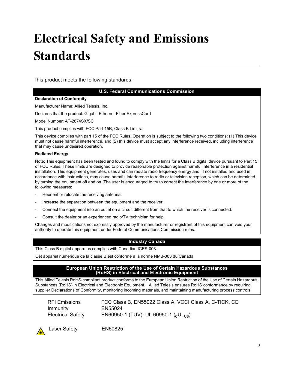 Electrical safety and emissions standards | Allied Telesis AT-2874SX User Manual | Page 3 / 84