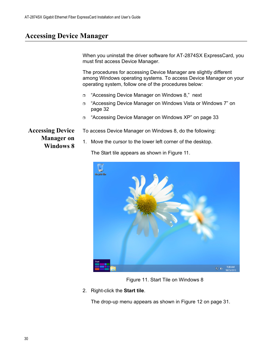 Accessing device manager, Accessing device manager on windows 8 | Allied Telesis AT-2874SX User Manual | Page 30 / 84