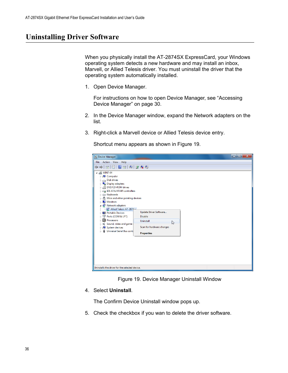 Uninstalling driver software | Allied Telesis AT-2874SX User Manual | Page 36 / 84