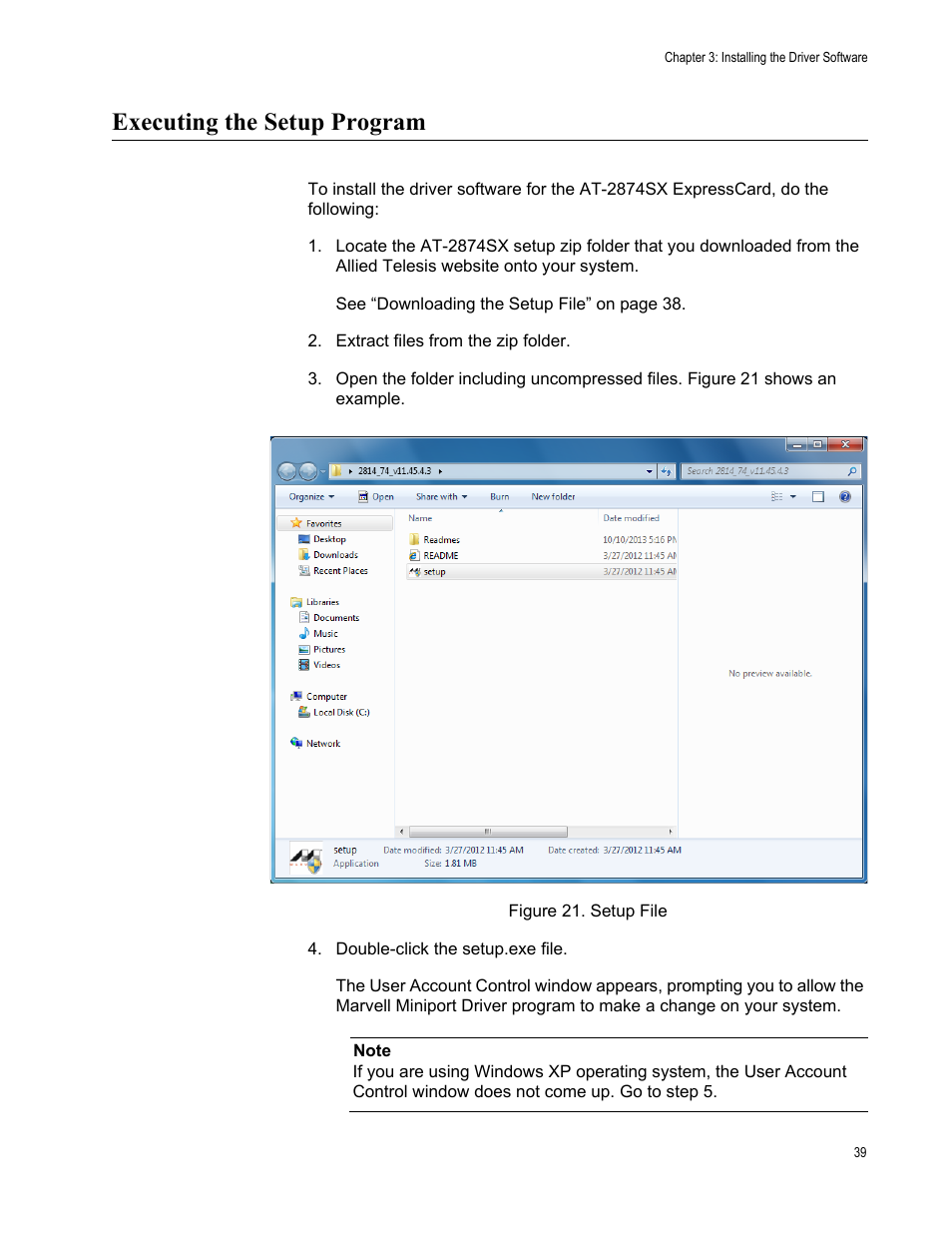 Executing the setup program, Executing the | Allied Telesis AT-2874SX User Manual | Page 39 / 84