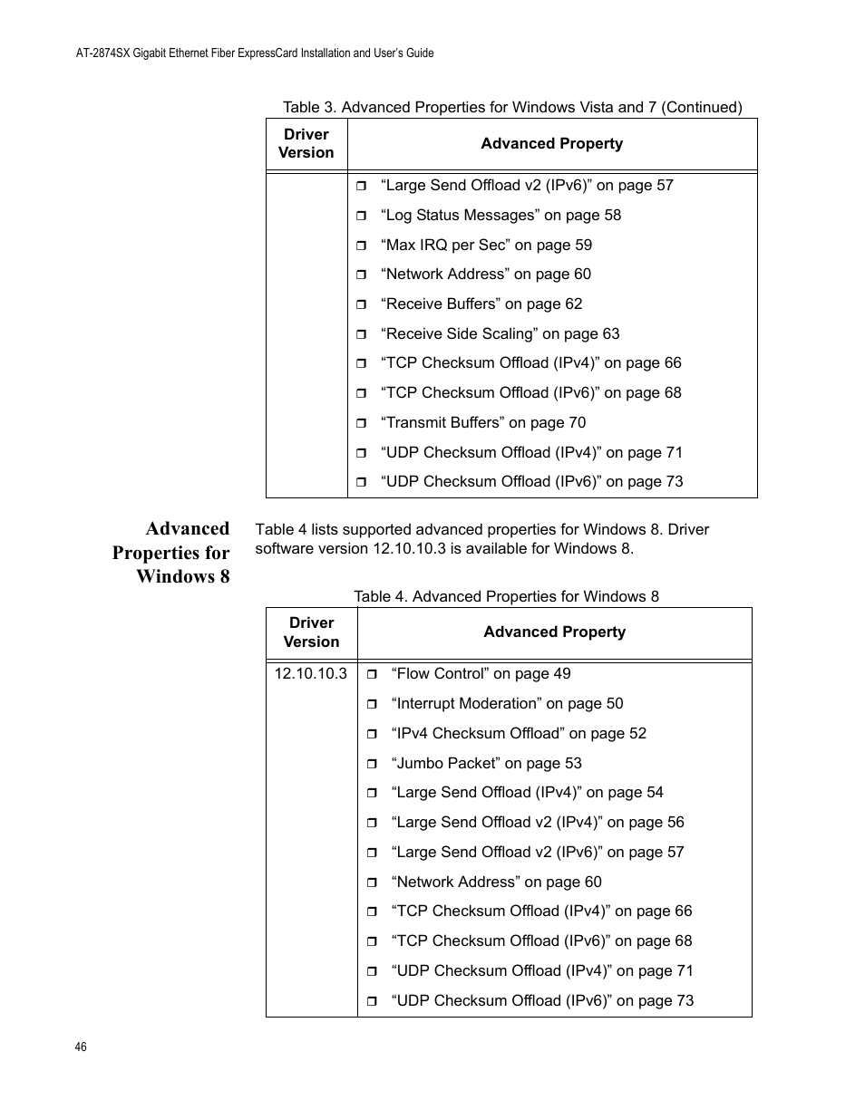 Advanced properties for windows 8 | Allied Telesis AT-2874SX User Manual | Page 46 / 84