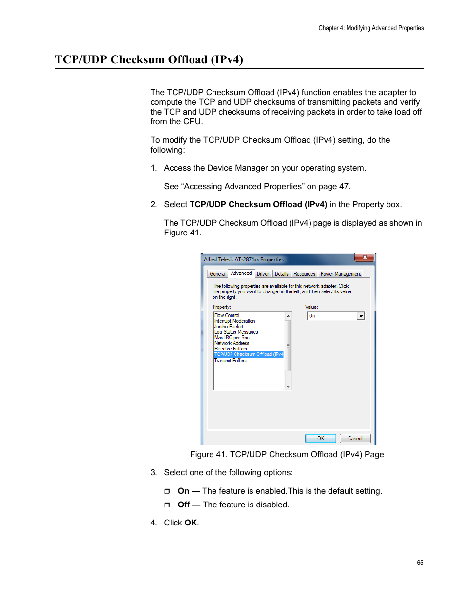 Tcp/udp checksum offload (ipv4) | Allied Telesis AT-2874SX User Manual | Page 65 / 84