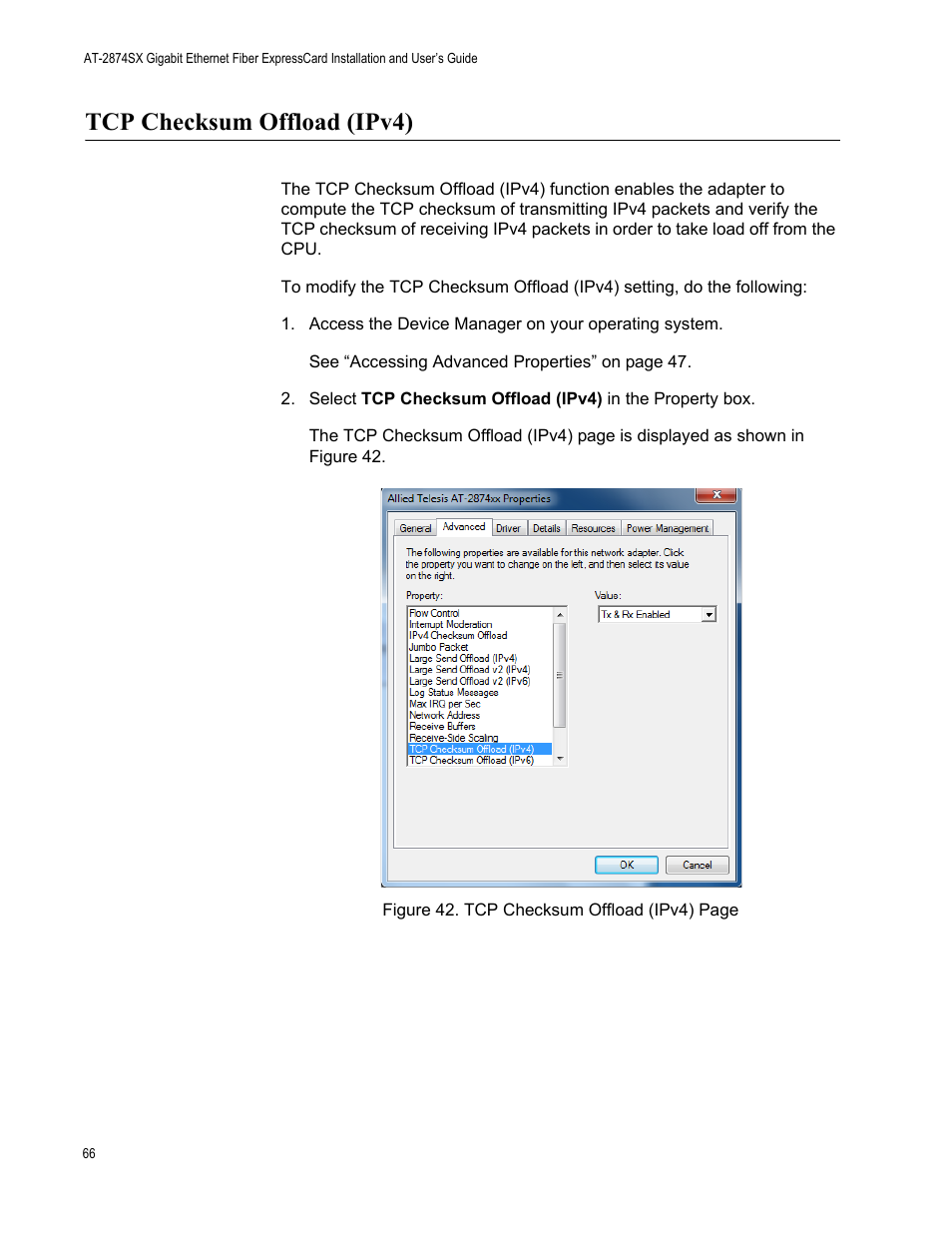 Tcp checksum offload (ipv4) | Allied Telesis AT-2874SX User Manual | Page 66 / 84