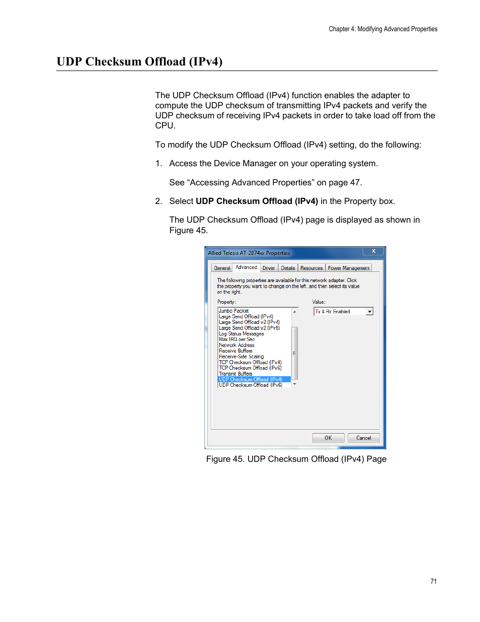 Udp checksum offload (ipv4) | Allied Telesis AT-2874SX User Manual | Page 71 / 84