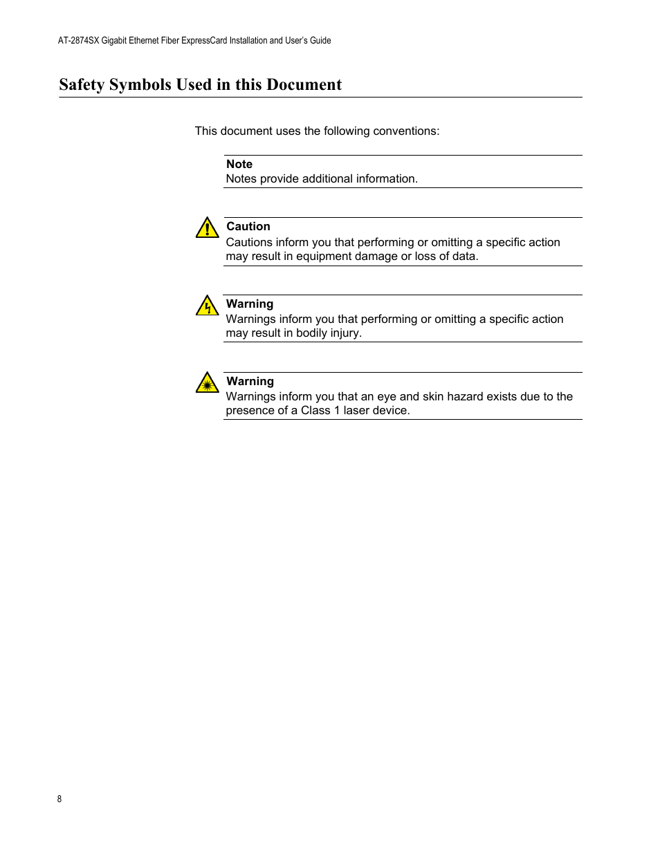 Safety symbols used in this document | Allied Telesis AT-2874SX User Manual | Page 8 / 84