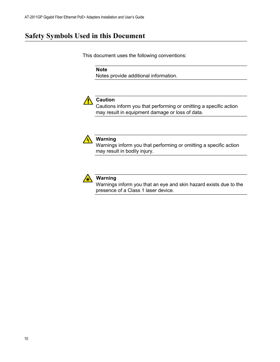 Safety symbols used in this document | Allied Telesis AT-2911GP Network Adapters User Manual | Page 10 / 152