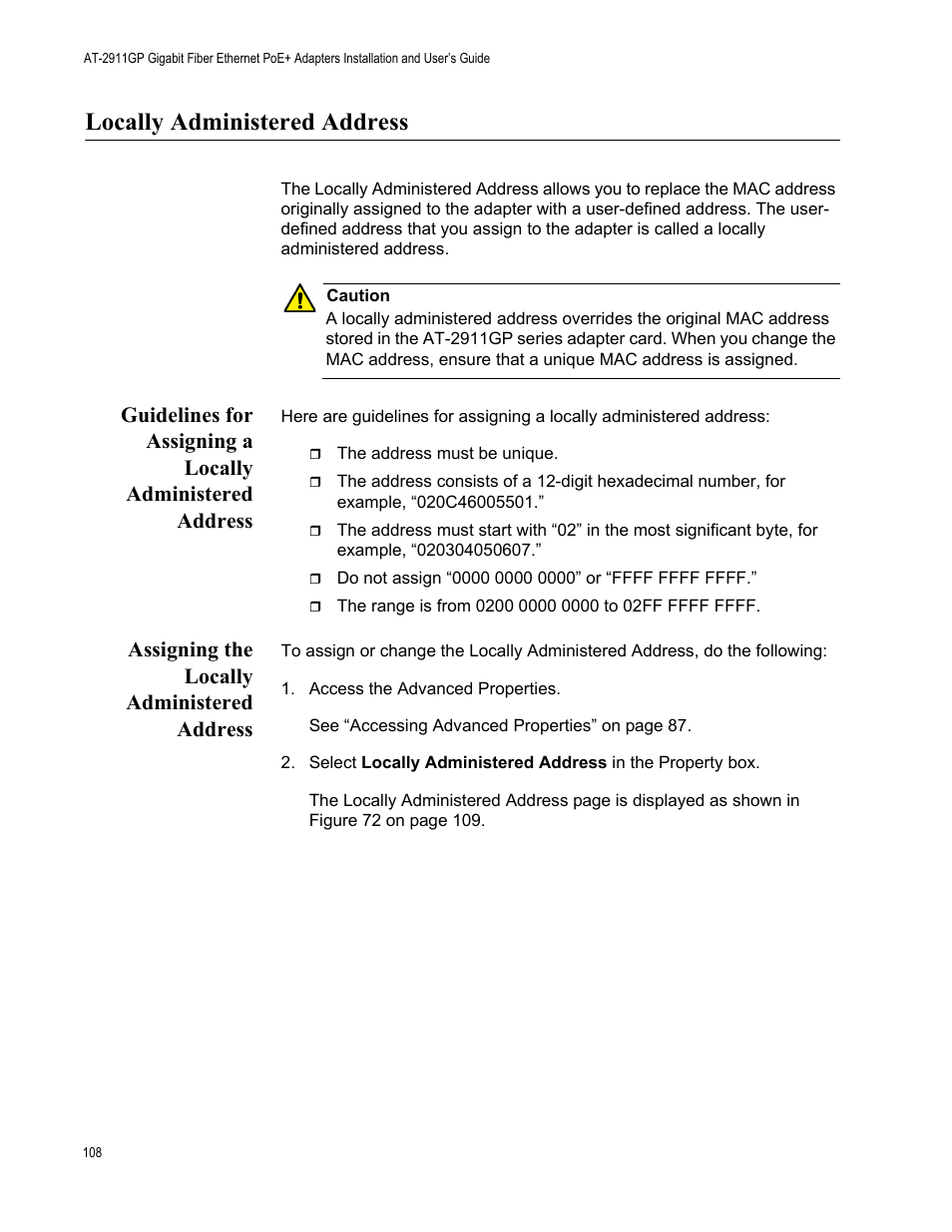 Locally administered address, Assigning the locally administered address | Allied Telesis AT-2911GP Network Adapters User Manual | Page 108 / 152