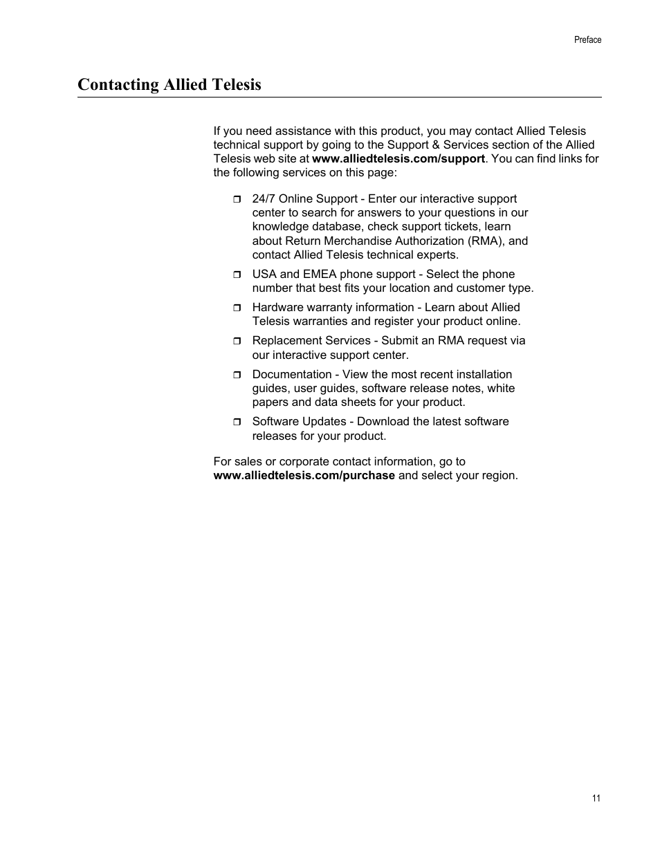 Contacting allied telesis | Allied Telesis AT-2911GP Network Adapters User Manual | Page 11 / 152