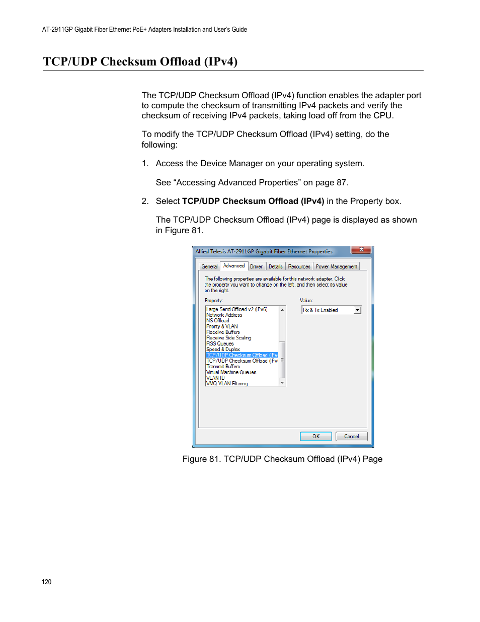 Tcp/udp checksum offload (ipv4) | Allied Telesis AT-2911GP Network Adapters User Manual | Page 120 / 152
