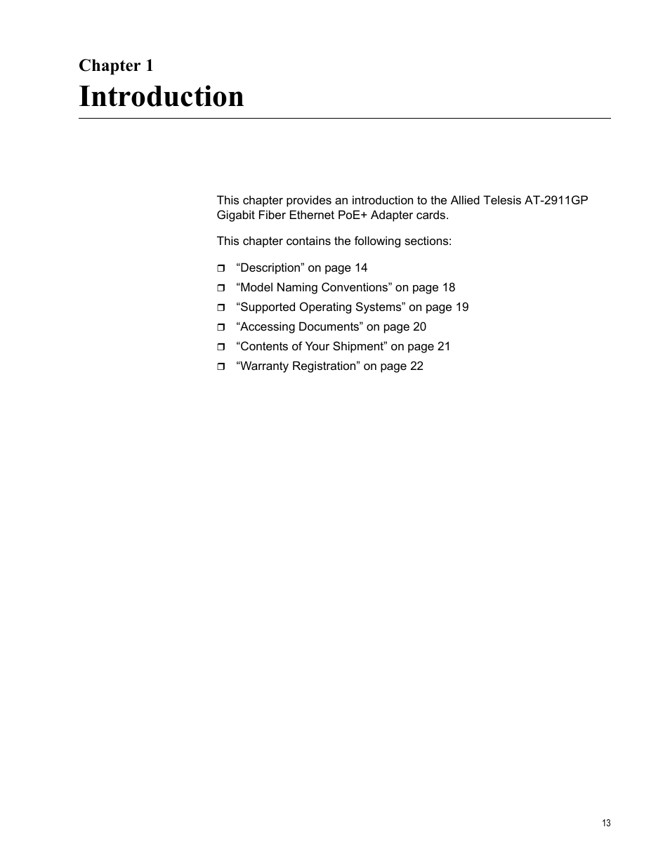 Chapter 1, Introduction, Chapter 1: introduction | Allied Telesis AT-2911GP Network Adapters User Manual | Page 13 / 152