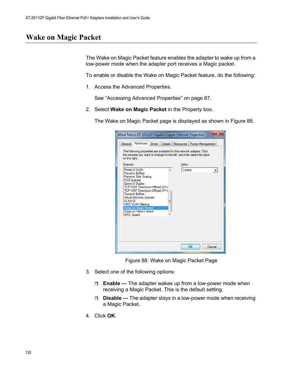 Wake on magic packet | Allied Telesis AT-2911GP Network Adapters User Manual | Page 130 / 152