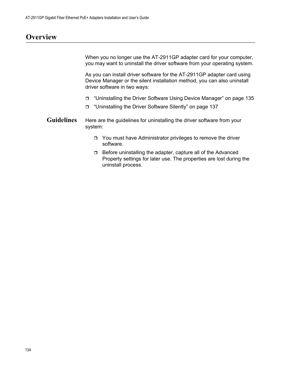 Overview, Guidelines | Allied Telesis AT-2911GP Network Adapters User Manual | Page 134 / 152