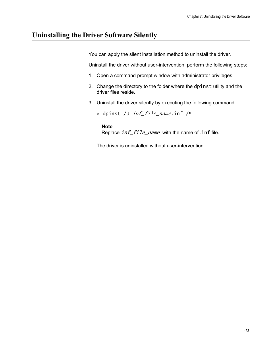 Uninstalling the driver software silently | Allied Telesis AT-2911GP Network Adapters User Manual | Page 137 / 152