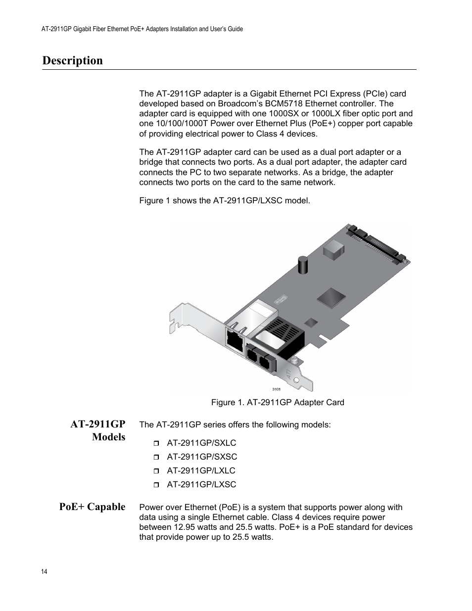 Description, At-2911gp models, Poe+ capable | At-2911gp models poe+ capable | Allied Telesis AT-2911GP Network Adapters User Manual | Page 14 / 152