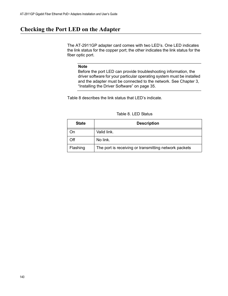 Checking the port led on the adapter | Allied Telesis AT-2911GP Network Adapters User Manual | Page 140 / 152