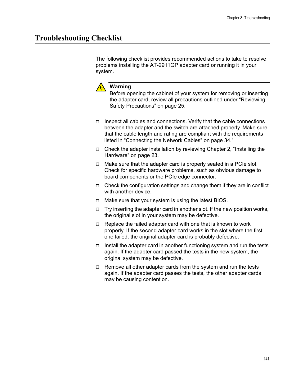 Troubleshooting checklist | Allied Telesis AT-2911GP Network Adapters User Manual | Page 141 / 152