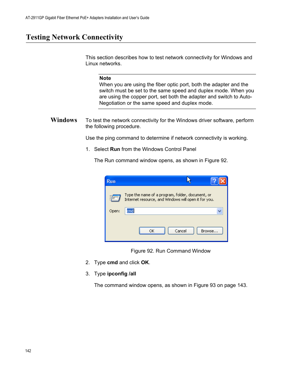 Testing network connectivity, Windows | Allied Telesis AT-2911GP Network Adapters User Manual | Page 142 / 152
