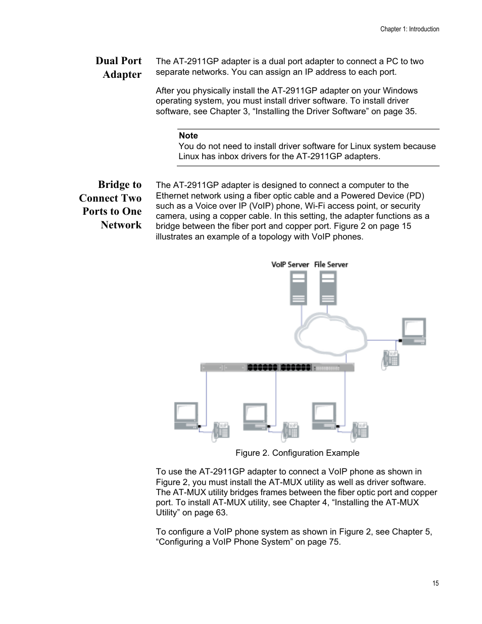 Dual port adapter, Bridge to connect two ports to one network | Allied Telesis AT-2911GP Network Adapters User Manual | Page 15 / 152
