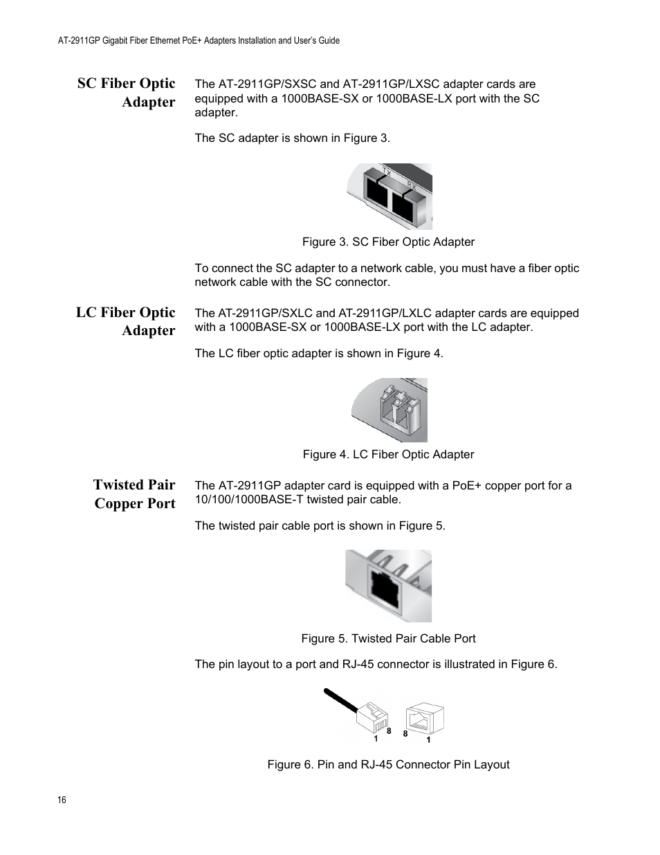 Sc fiber optic adapter, Lc fiber optic adapter, Twisted pair copper port | Allied Telesis AT-2911GP Network Adapters User Manual | Page 16 / 152