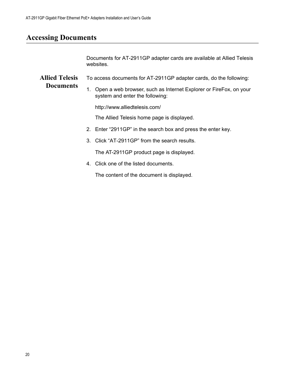 Accessing documents, Allied telesis documents | Allied Telesis AT-2911GP Network Adapters User Manual | Page 20 / 152