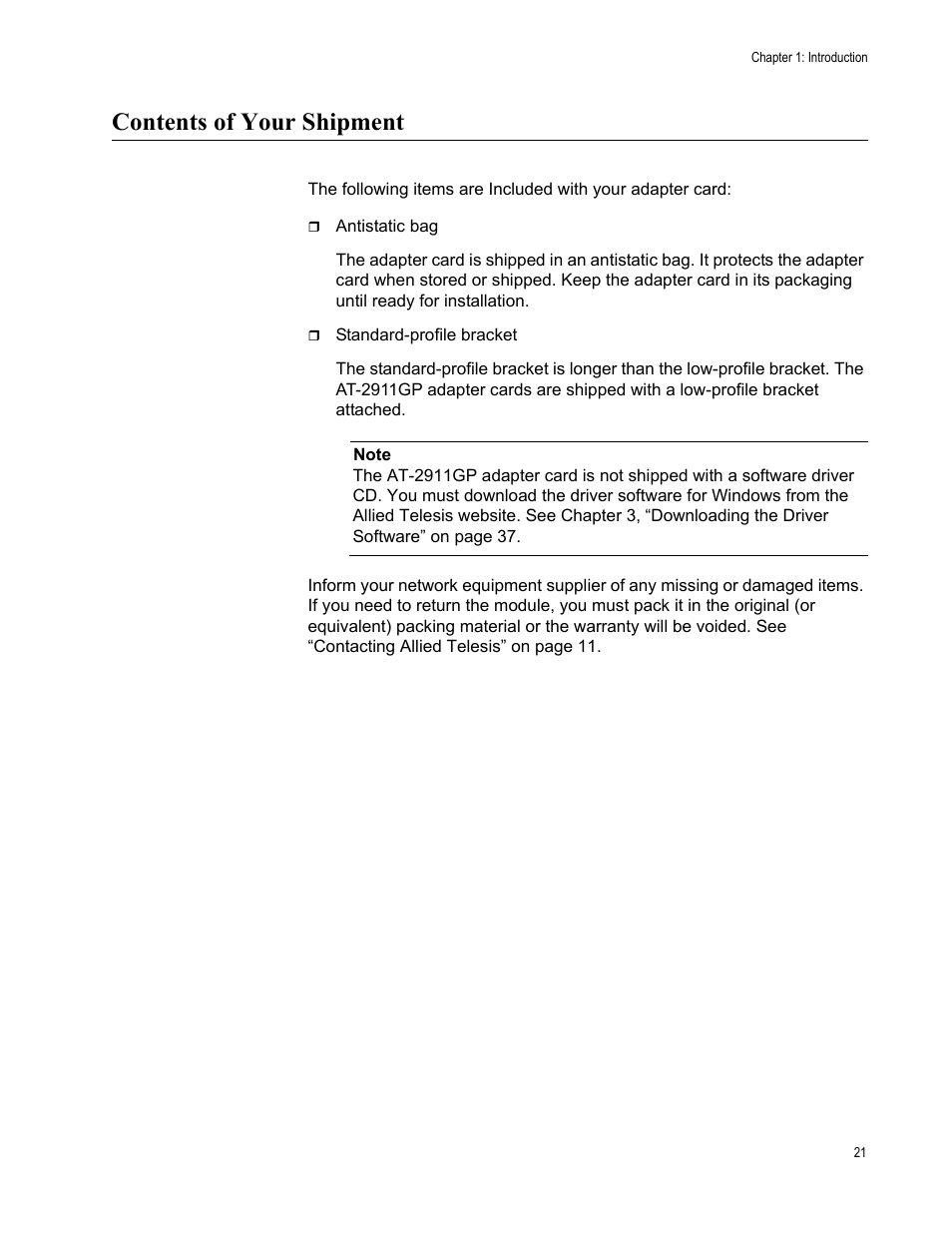 Contents of your shipment | Allied Telesis AT-2911GP Network Adapters User Manual | Page 21 / 152