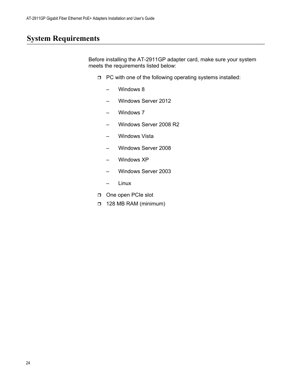 System requirements | Allied Telesis AT-2911GP Network Adapters User Manual | Page 24 / 152