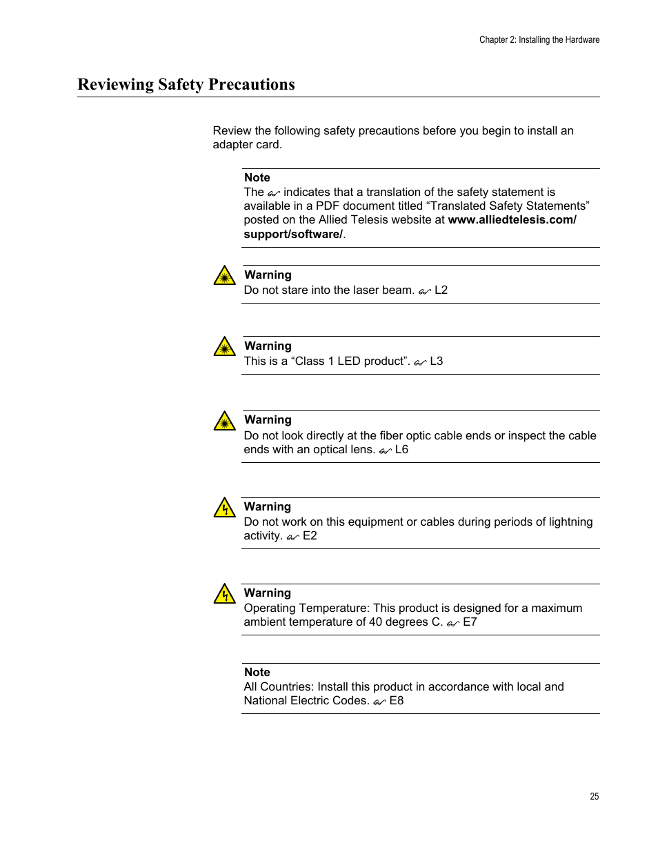 Reviewing safety precautions | Allied Telesis AT-2911GP Network Adapters User Manual | Page 25 / 152