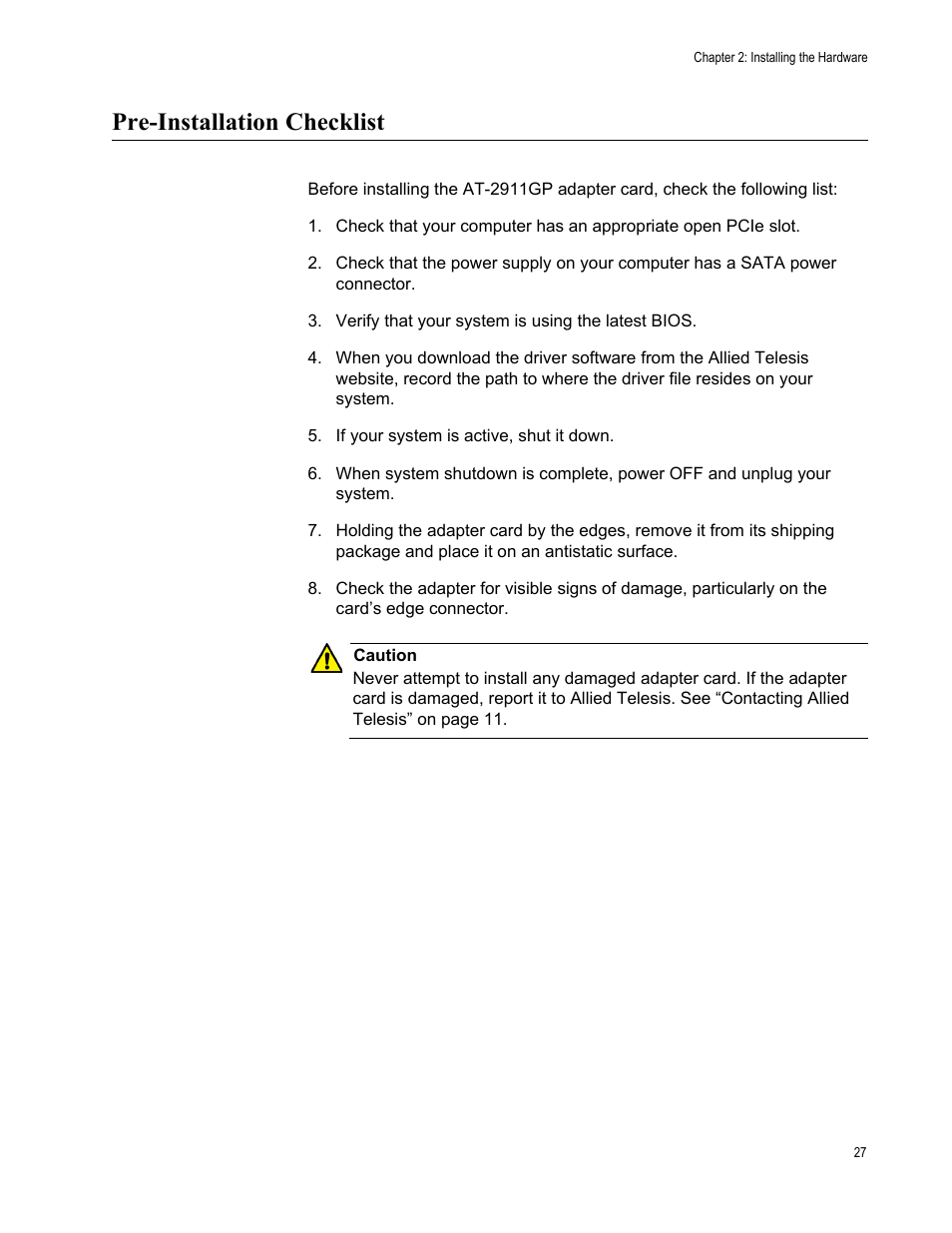 Pre-installation checklist | Allied Telesis AT-2911GP Network Adapters User Manual | Page 27 / 152