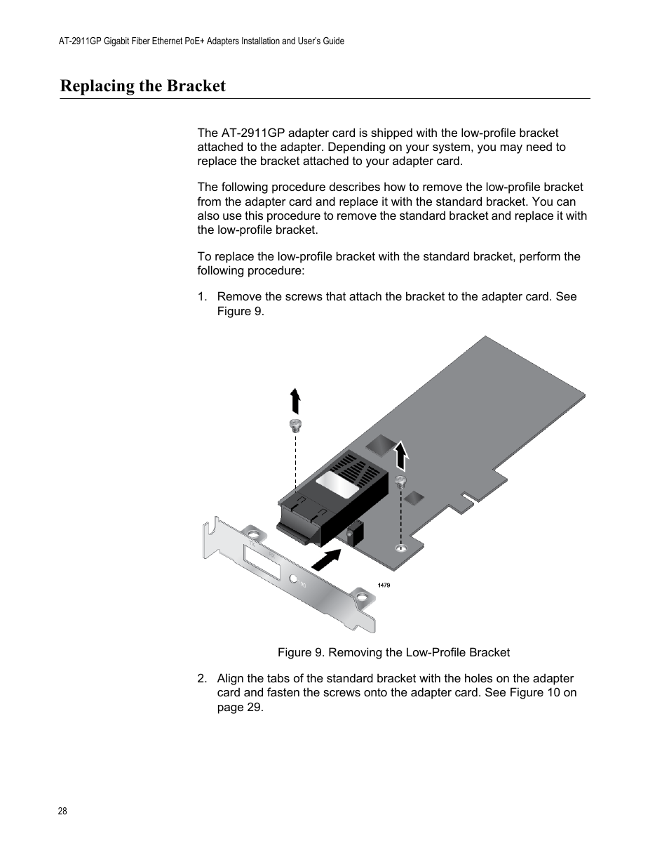 Replacing the bracket | Allied Telesis AT-2911GP Network Adapters User Manual | Page 28 / 152