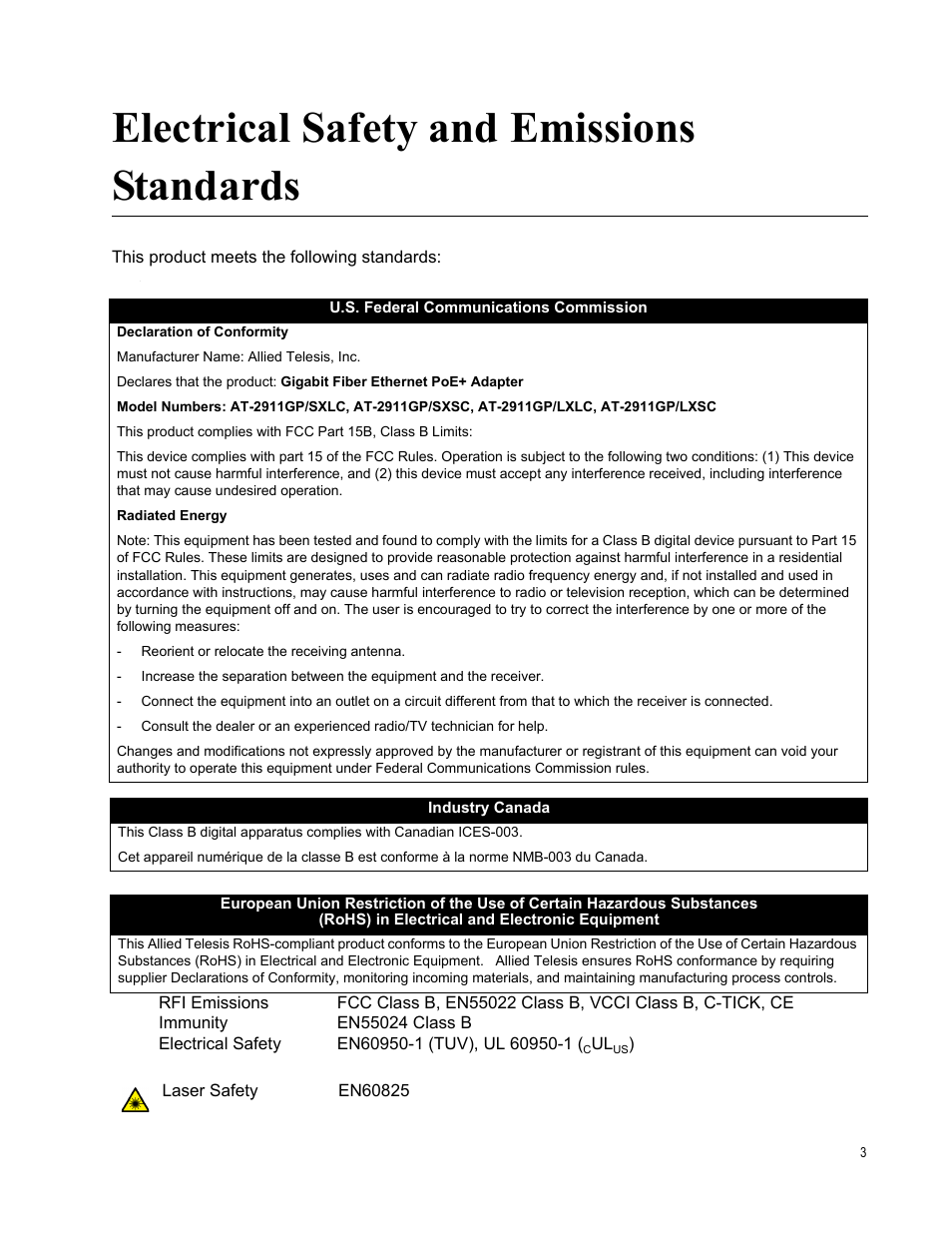 Electrical safety and emissions standards | Allied Telesis AT-2911GP Network Adapters User Manual | Page 3 / 152