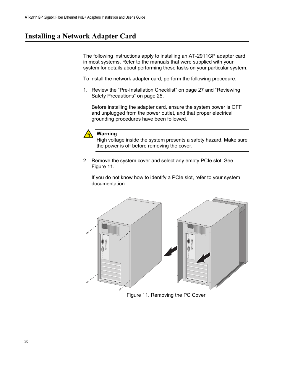 Installing a network adapter card | Allied Telesis AT-2911GP Network Adapters User Manual | Page 30 / 152