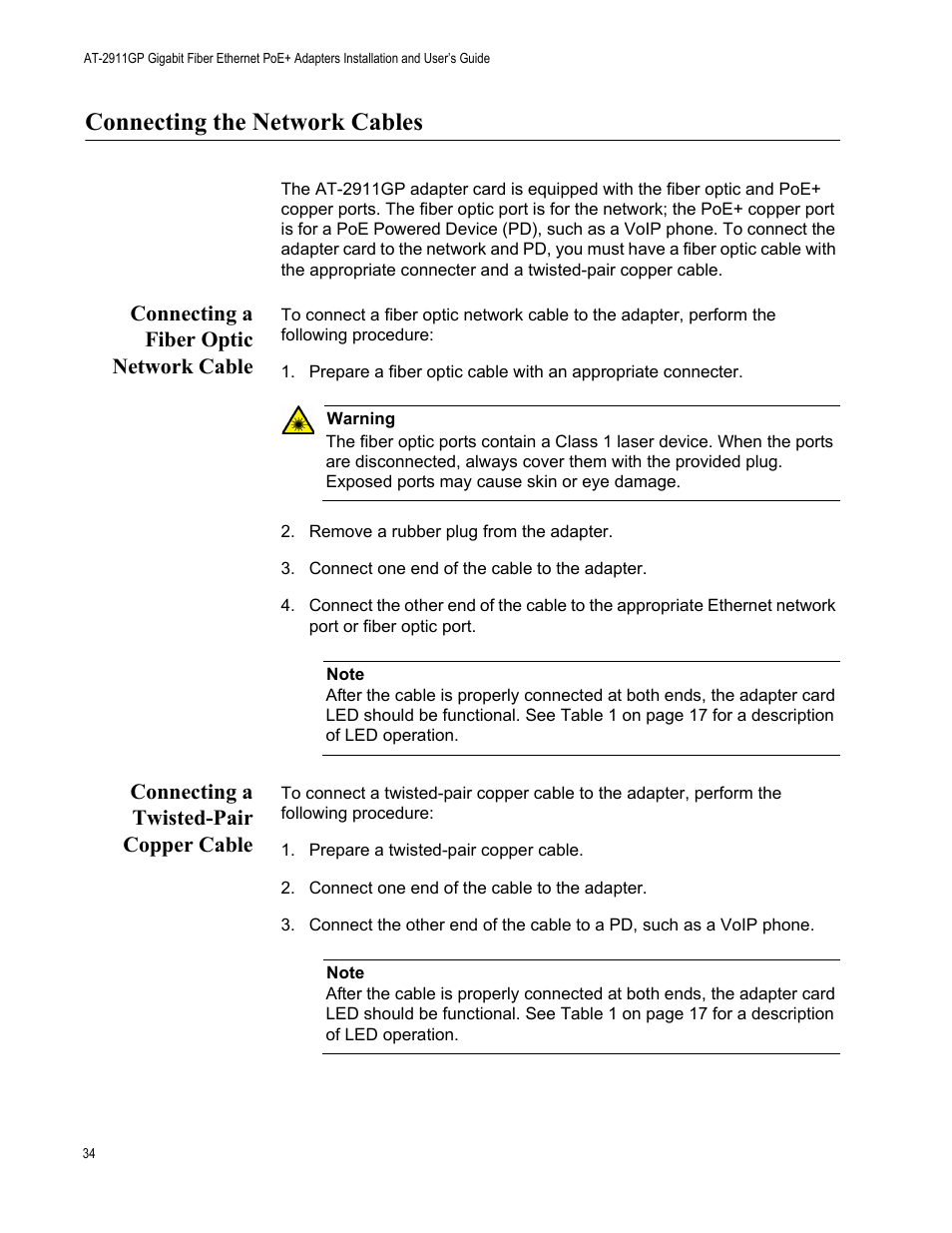 Connecting the network cables, Connecting a fiber optic network cable, Connecting a twisted-pair copper cable | Allied Telesis AT-2911GP Network Adapters User Manual | Page 34 / 152