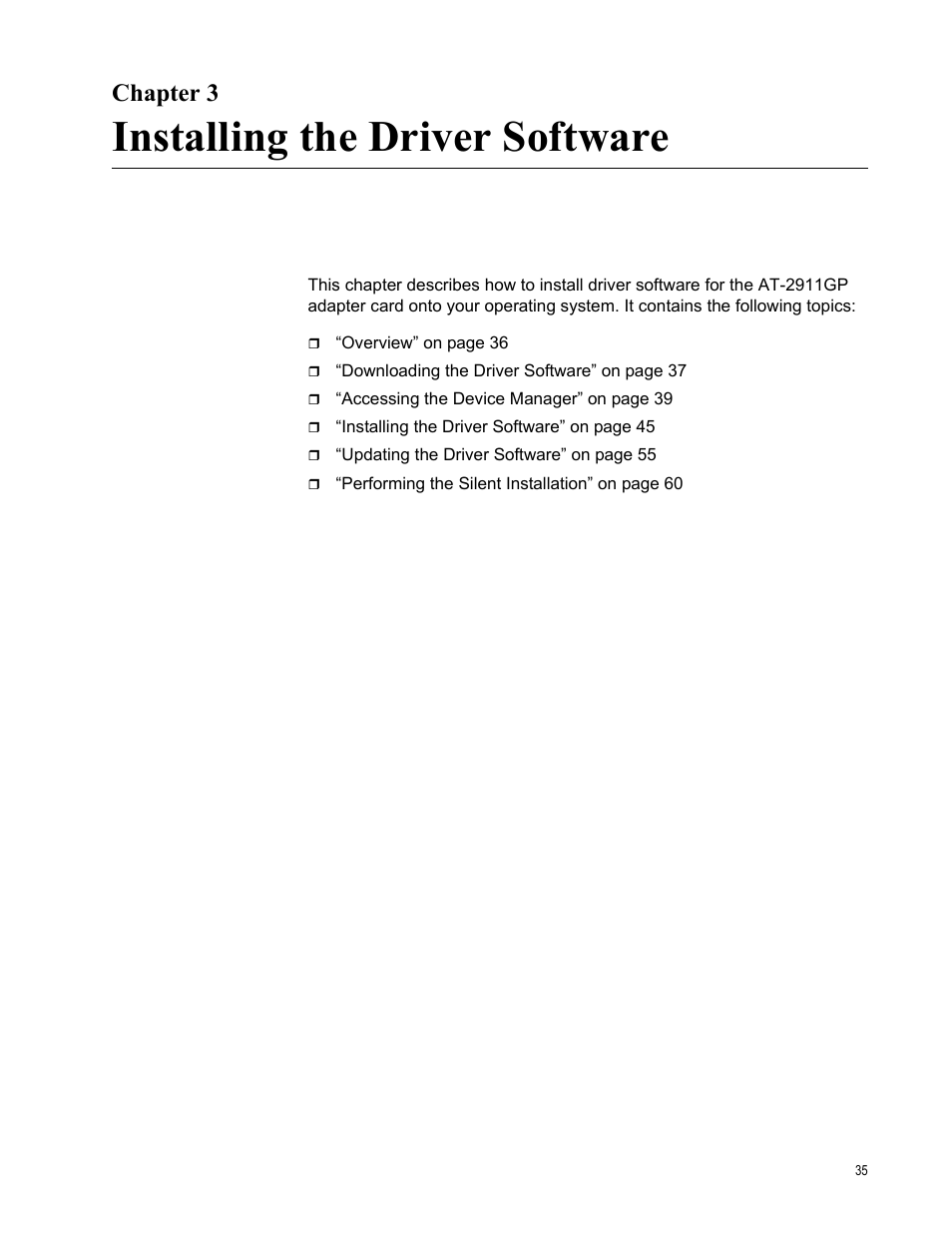 Chapter 3, Installing the driver software | Allied Telesis AT-2911GP Network Adapters User Manual | Page 35 / 152