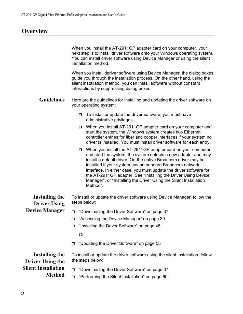 Overview, Guidelines, Installing the driver using device manager | Allied Telesis AT-2911GP Network Adapters User Manual | Page 36 / 152