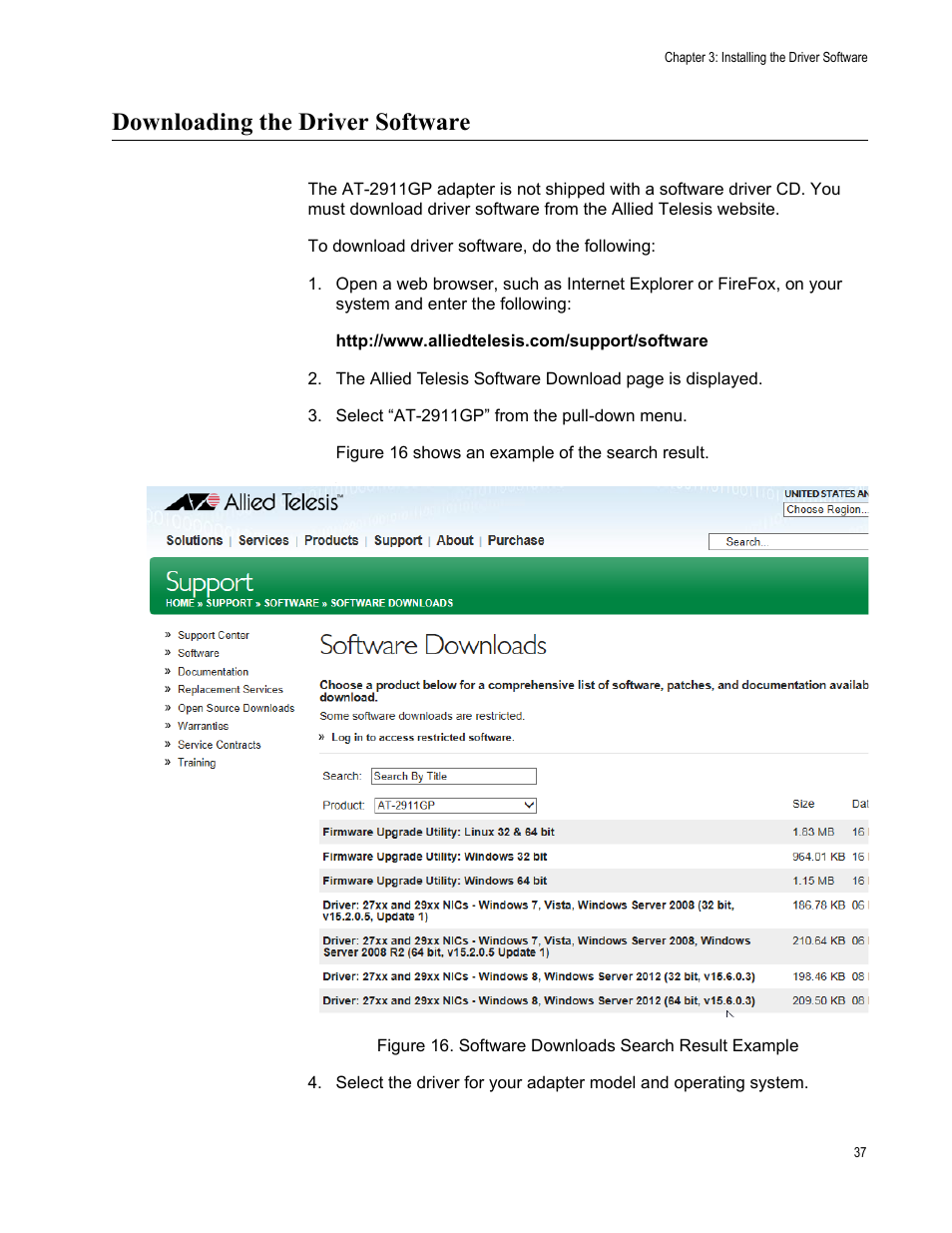 Downloading the driver software | Allied Telesis AT-2911GP Network Adapters User Manual | Page 37 / 152