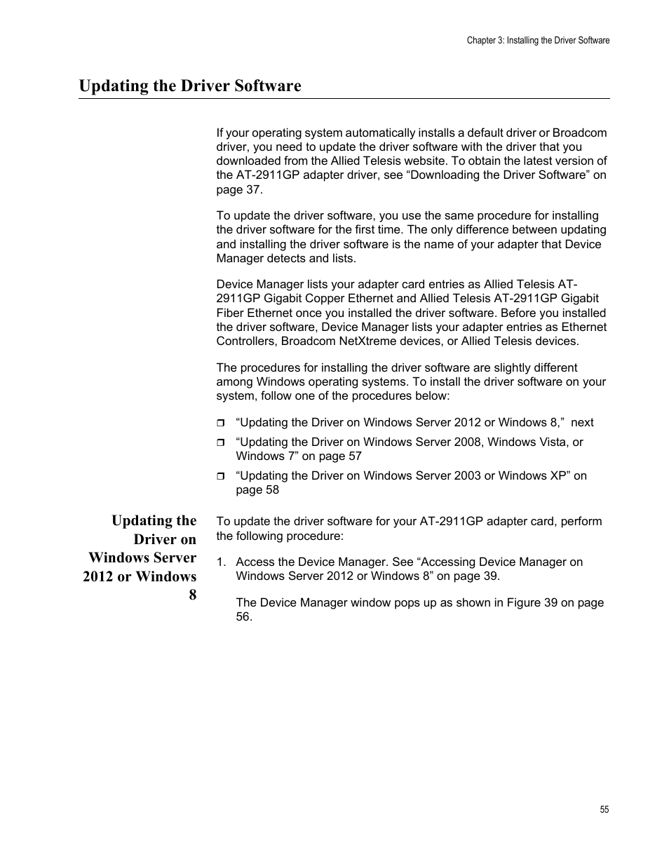 Updating the driver software | Allied Telesis AT-2911GP Network Adapters User Manual | Page 55 / 152