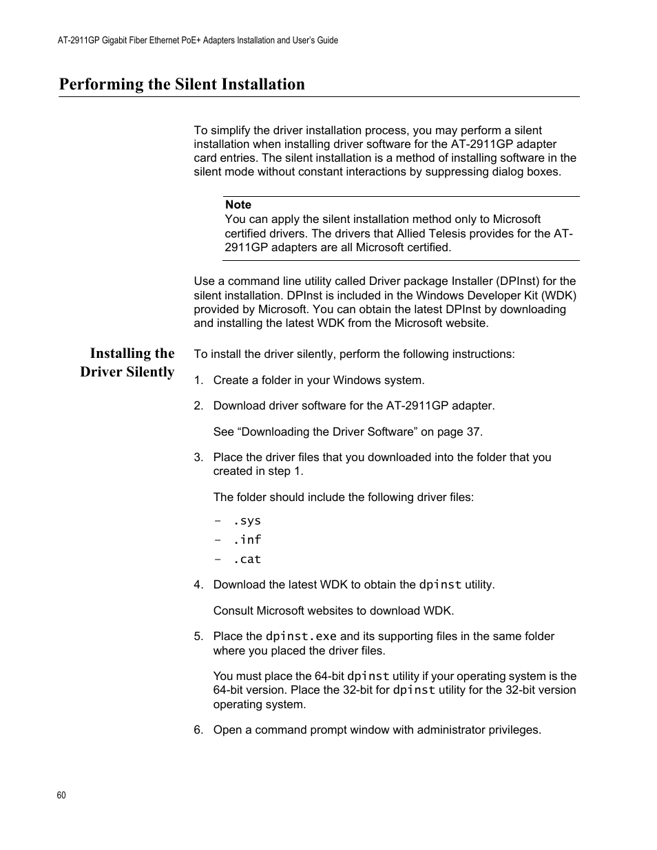 Performing the silent installation, Installing the driver silently | Allied Telesis AT-2911GP Network Adapters User Manual | Page 60 / 152