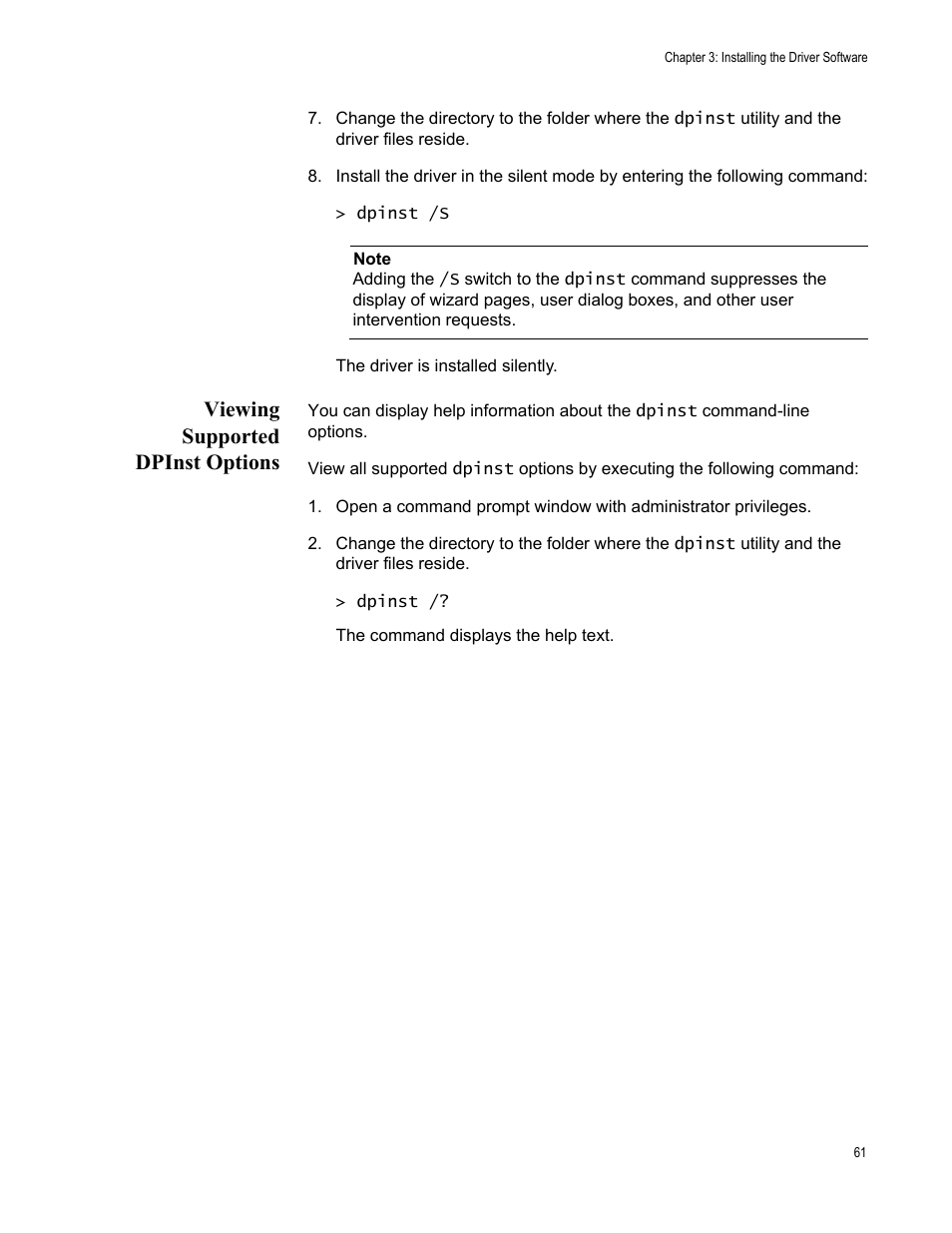 Viewing supported dpinst options | Allied Telesis AT-2911GP Network Adapters User Manual | Page 61 / 152