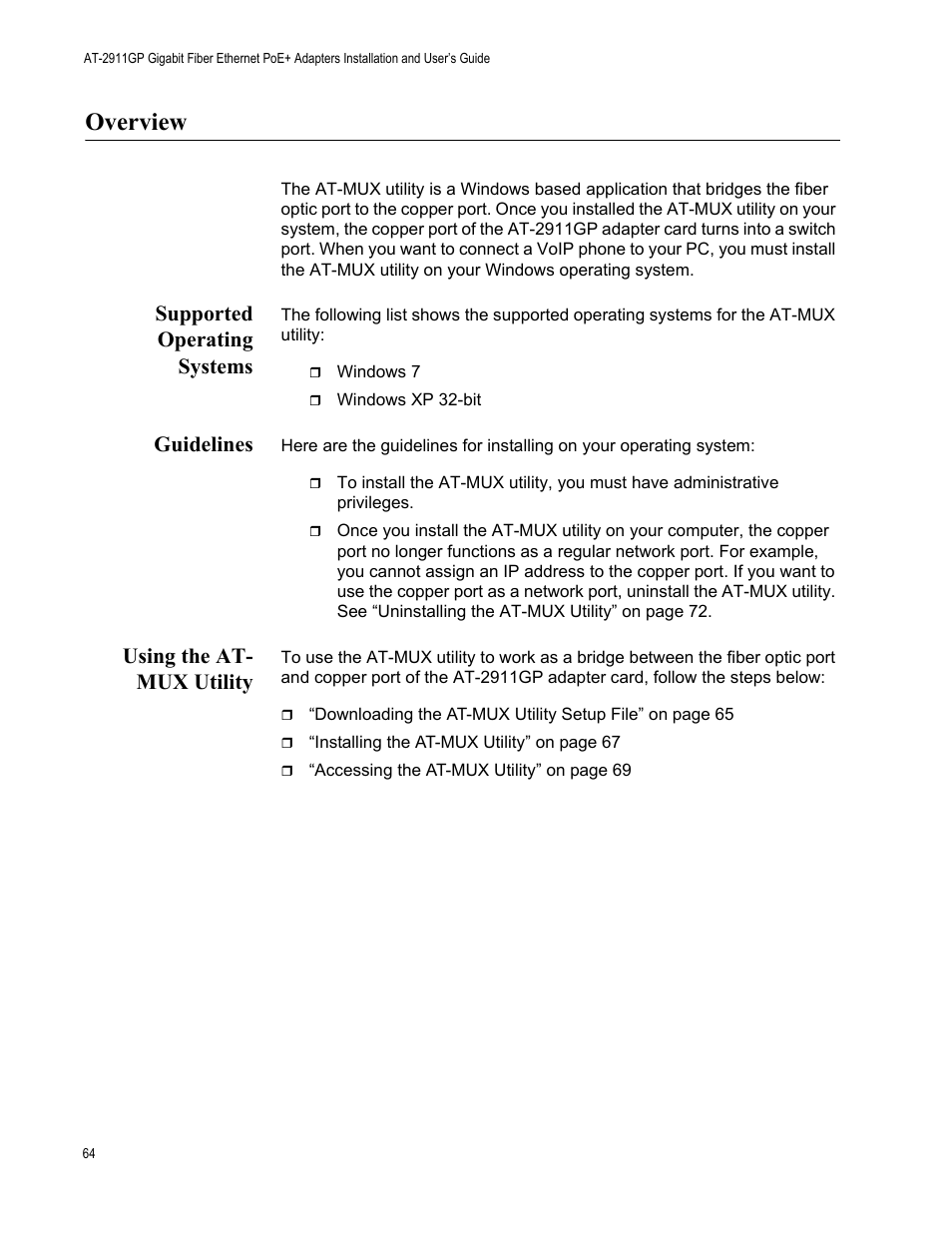 Overview, Supported operating systems, Guidelines | Using the at- mux utility | Allied Telesis AT-2911GP Network Adapters User Manual | Page 64 / 152