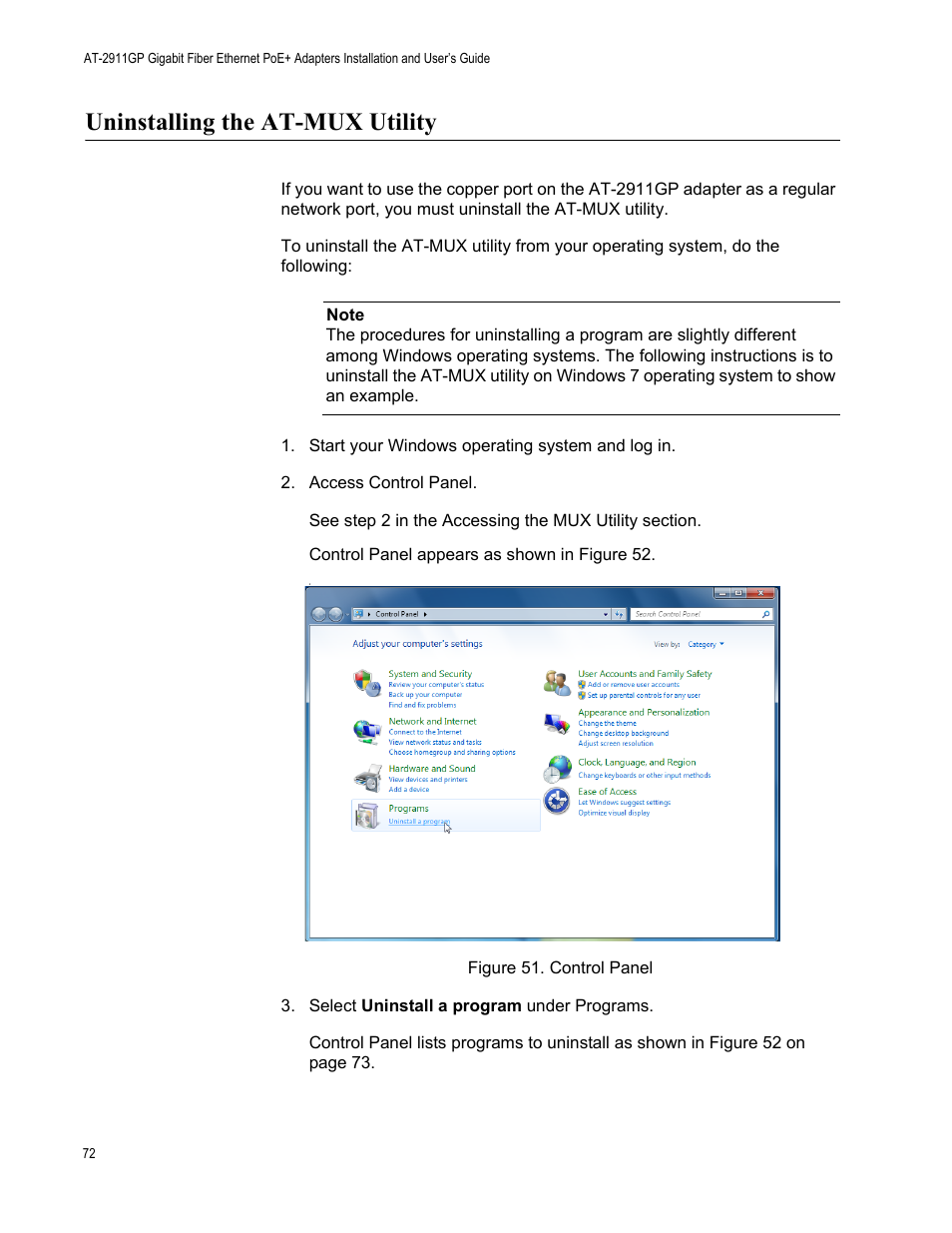 Uninstalling the at-mux utility | Allied Telesis AT-2911GP Network Adapters User Manual | Page 72 / 152