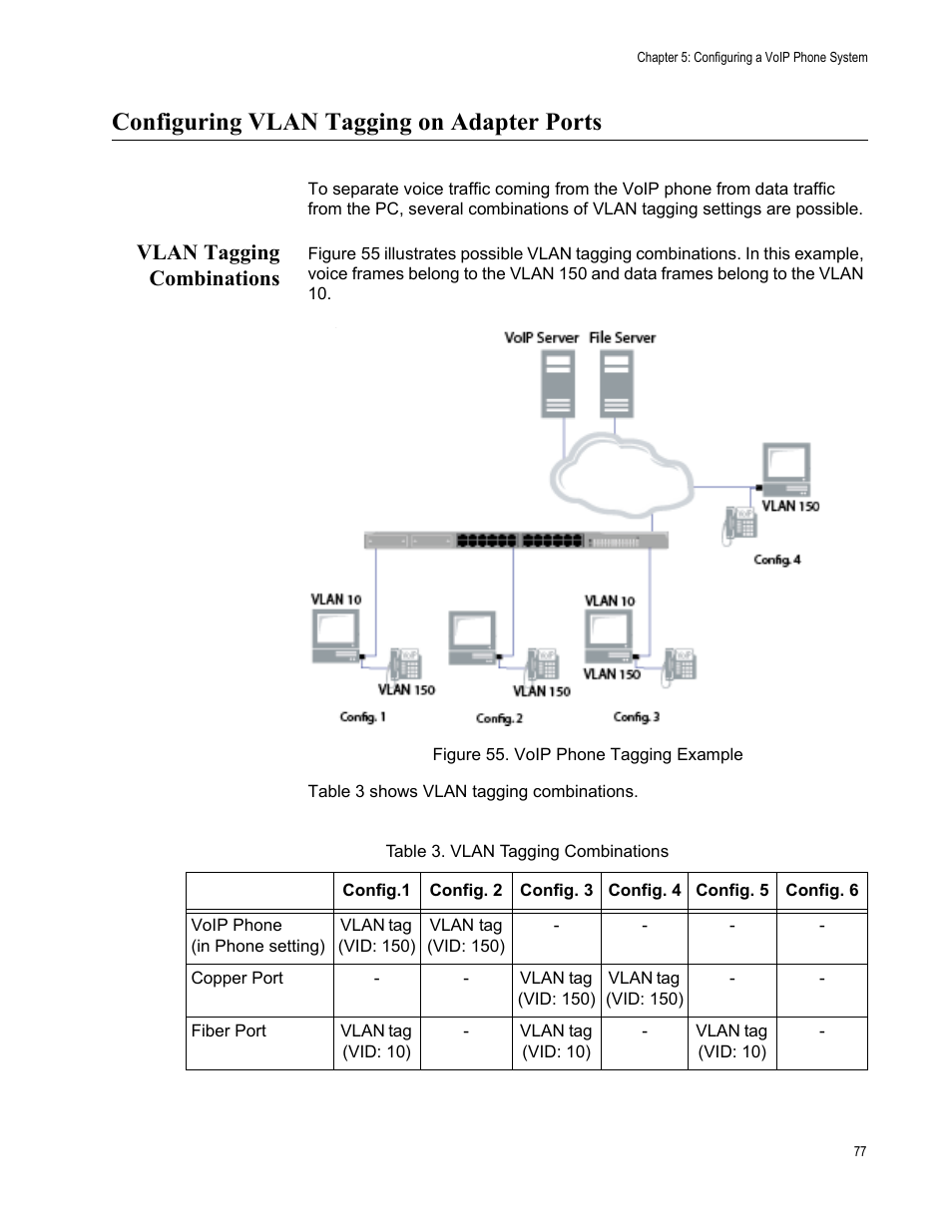 Configuring vlan tagging on adapter ports, Vlan tagging combinations | Allied Telesis AT-2911GP Network Adapters User Manual | Page 77 / 152