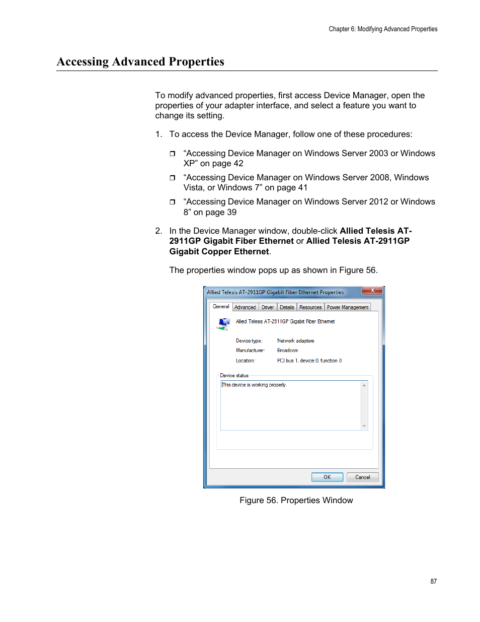 Accessing advanced properties | Allied Telesis AT-2911GP Network Adapters User Manual | Page 87 / 152