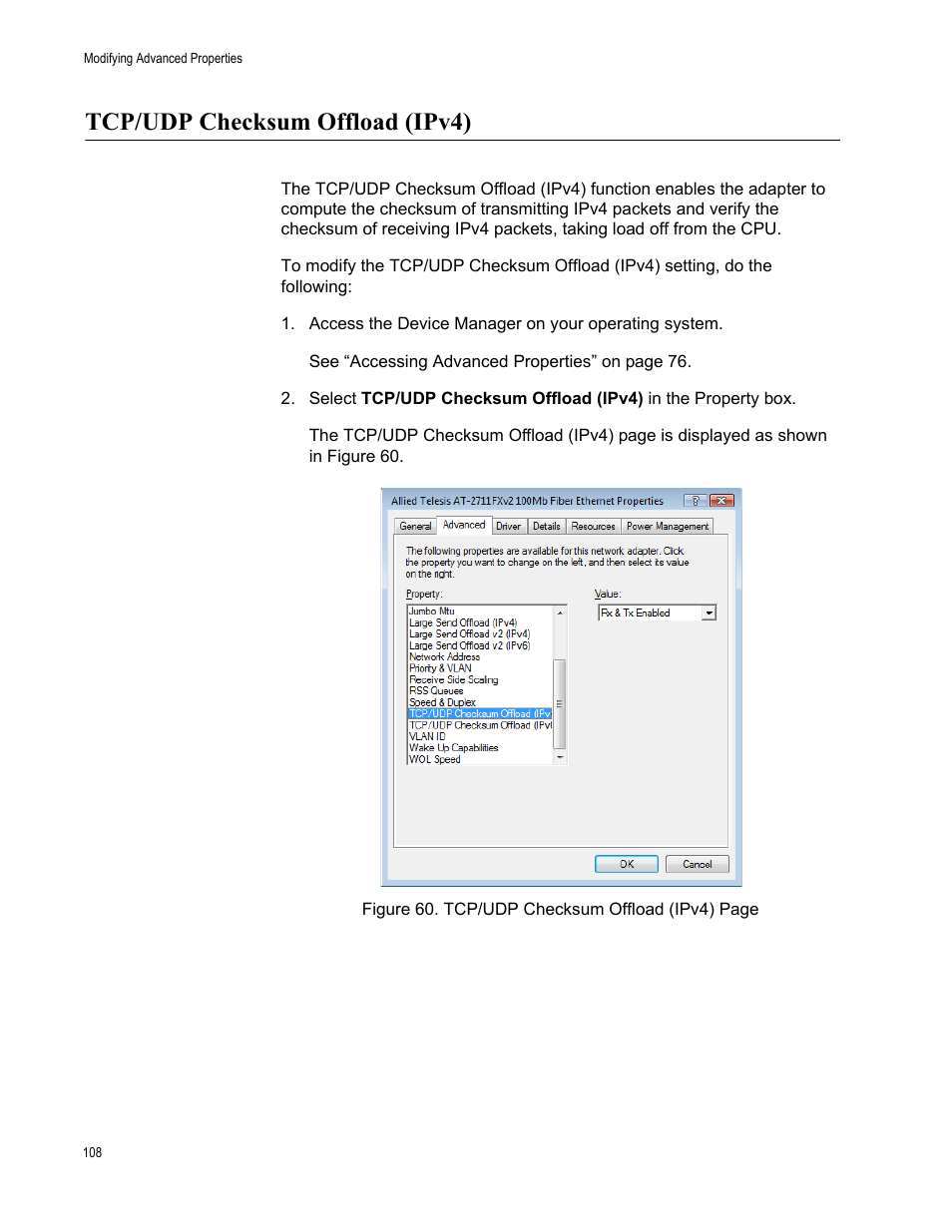 Tcp/udp checksum offload (ipv4) | Allied Telesis AT-2711 Series Adapters User Manual | Page 108 / 136