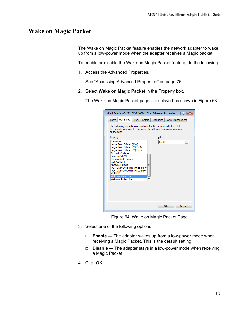 Wake on magic packet | Allied Telesis AT-2711 Series Adapters User Manual | Page 115 / 136